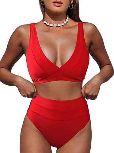 Hilinker Women's Leopard Bikini Swimsuits V Neck High Waisted 2 Piece Bathing Suits (Large, Solid Red)