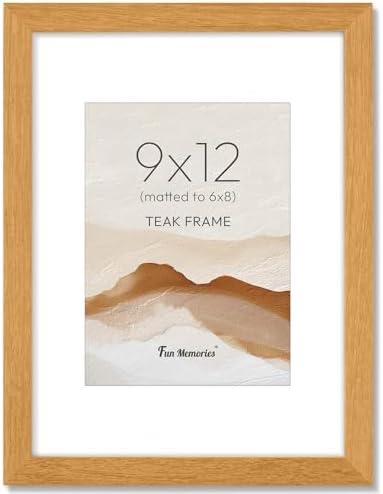 Fun Memories 9x12 Picture Frame, USA-Sourced Teak Wood Photo Frames with HD Tempered Glass, Rustic Wooden 9x12 Frame with Mat for 6x8, Minimalist 9 x 12 Wood Frames for Wall & Tabletop Display