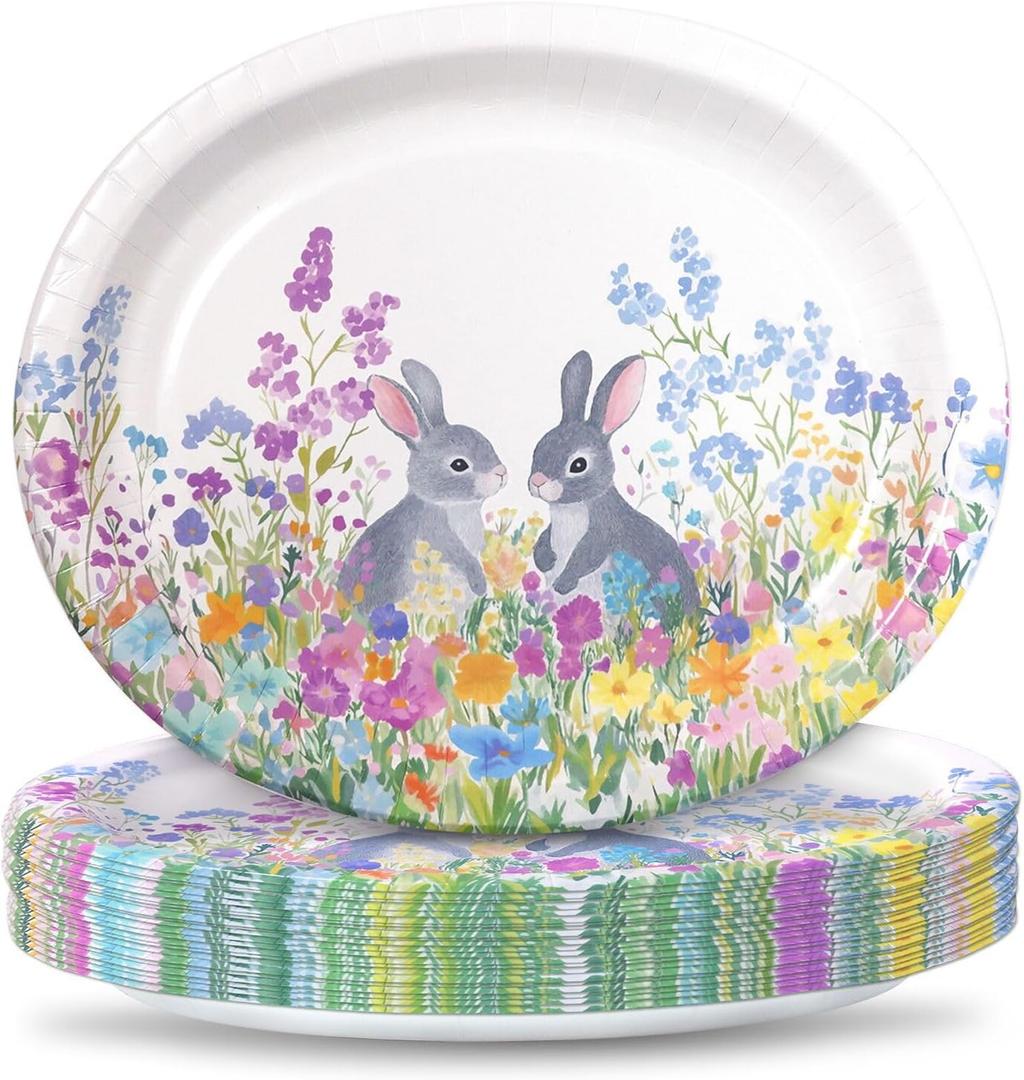 YY 12" Easter Oval Paper Plates Set 50 Count Large Party Buffet Plates Disposable