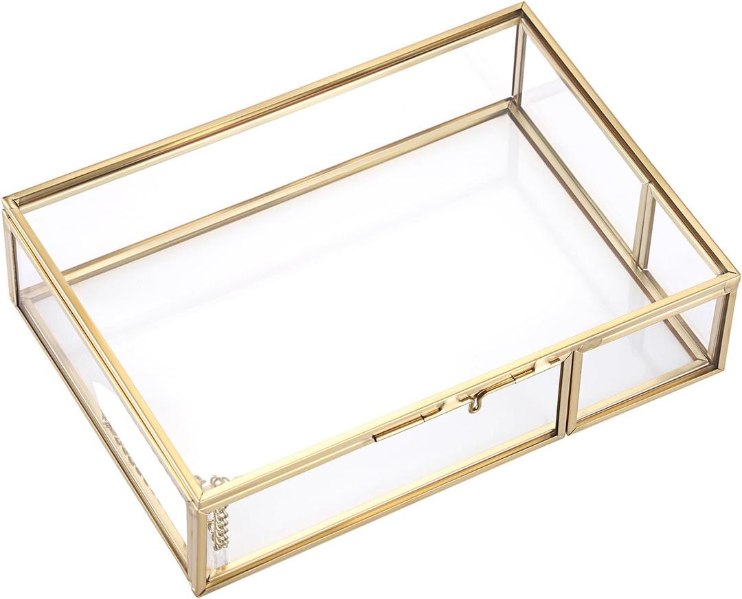 Hipiwe Gold Glass Photo Box,Vintage Photo Storage Organizer, Trinket Box Jewelry Display Organizer Keepsake Box Case Home Decor (Small)