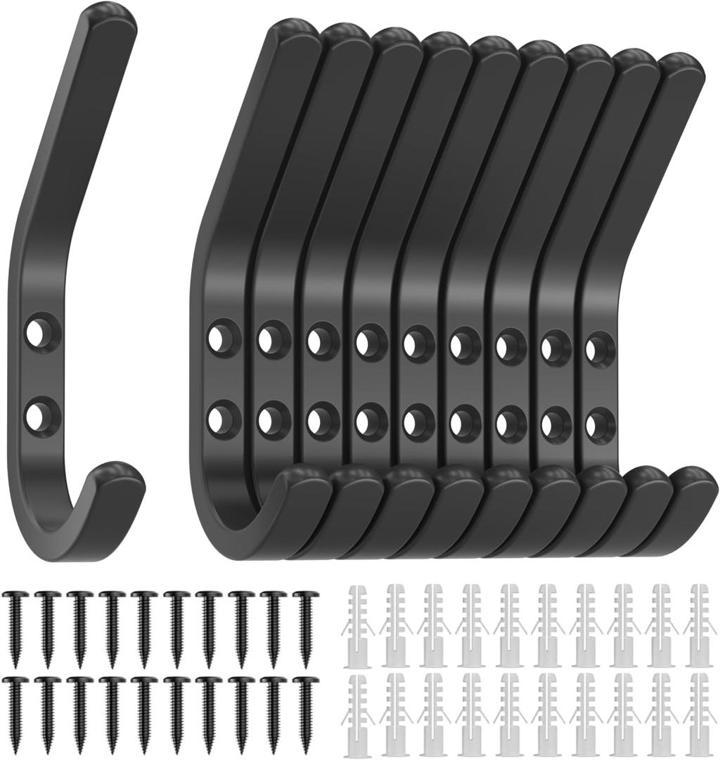 Wall Hooks for Hanging Coats - 10 Pack Black 3.2'' Double Hook Design, Hat Organizers, Wall Mount Hangers for Bags and Keys, Perfect for Garage, Workshop, Entryway, Closet, and DIY Projects