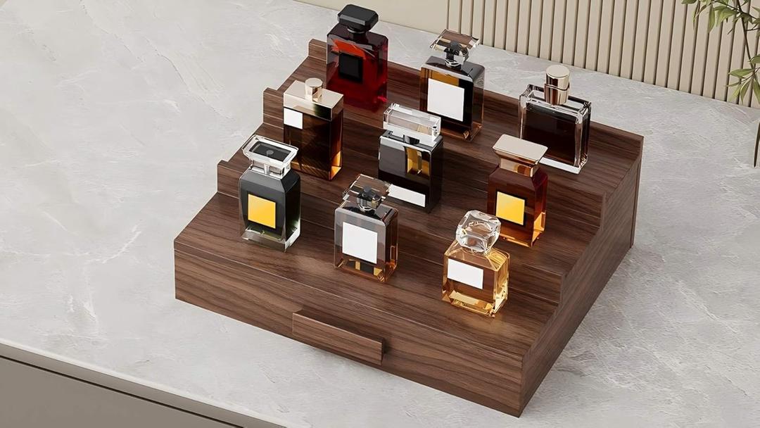 Cologne Organizer for Men, Solid Walnut Wood Cologne Stand, Cologne Shelf Display Holder3 Tier -Light Walnut