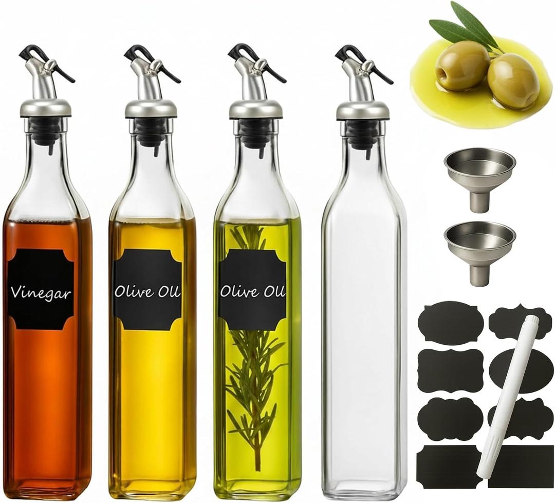 WERTIOO Olive Oil Dispenser Bottle,4Pack 17 OZ Glass Oil Dispenser for Kitchen with 4 Pourer,1 Stainless Steel Funnel & 1 Pen and 8 Label for Kitchen (500ml)