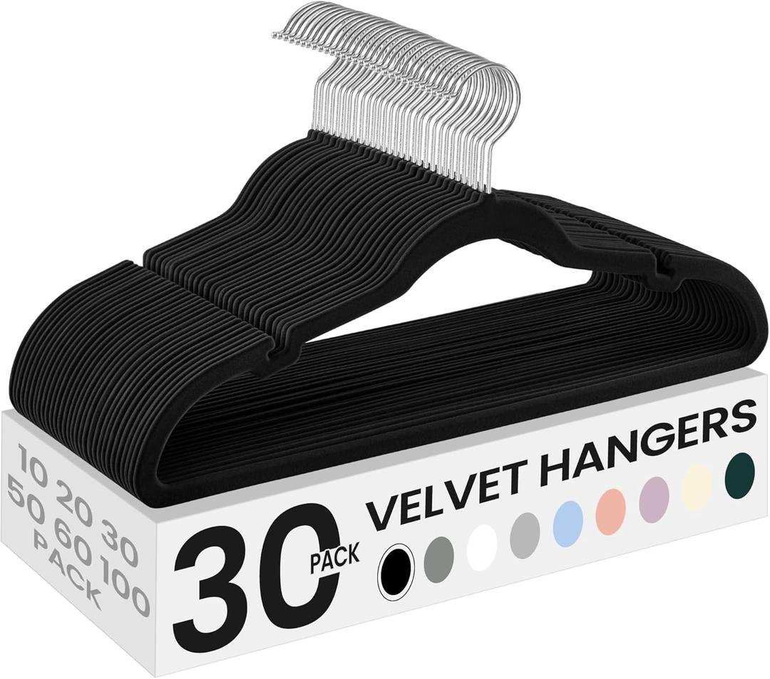 SONGMICS Velvet Hangers 30 Pack, Non-Slip Clothes Hangers with Shoulder Notches, Pants Bar, 360 Swivel Hook, Space-Saving, for Closet, Ink Black UCRF029B03
