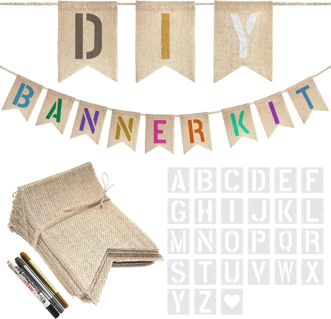 15 PCS Burlap Banner DIY Kit With 27 PCS Letter Stencil Banner Burlap Painting For Party Decorations Swallowtail Flags For Birthday (15PCS Light brown)