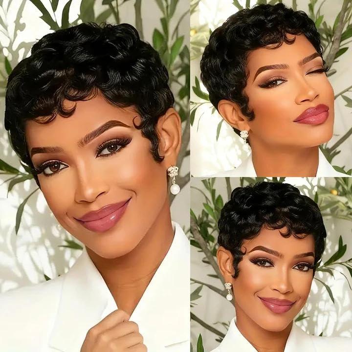 Short Curly Pixie Cut Wigs for Black Women, Loose Wave Short Curly Pixie Cut Wig Brazilian Virgin 100% Human Hair Wear and Go Glueless Layered Pixie Curly Wigs With Bangs for Daily Use