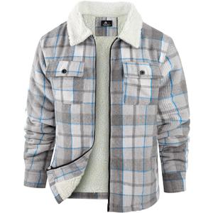 ZITY Men's Flannel Shirts Jacket Warm Sherpa Lined Fleece Plaid Winter Coat (Large, Grey White)