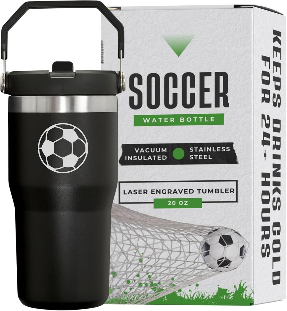 Soccer Water Bottle for Boys and Girls - Stainless Steel Vacuum Insulated Soccer Tumbler, Laser Engraved Water Bottle (20oz)