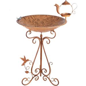 VEWOGARDEN Large Metal Standing Bird Bath and Feeder Combo with Folding Bracket for Outside Garden Yard Patio Decoration, Brass