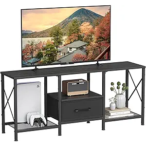 TV Stand with Fabric Drawer, Entertainment Center for 50 55 Inch TV, Industrial TV Console Table with Open Storage Shelves for Living Room, Bedroom, Black