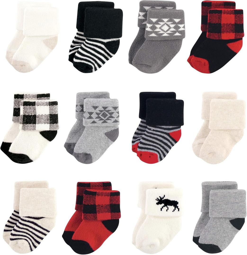 Hudson Baby baby-girls Cotton Rich Newborn and Terry Socks (6-12 Months, Buffalo Plaid Moose)