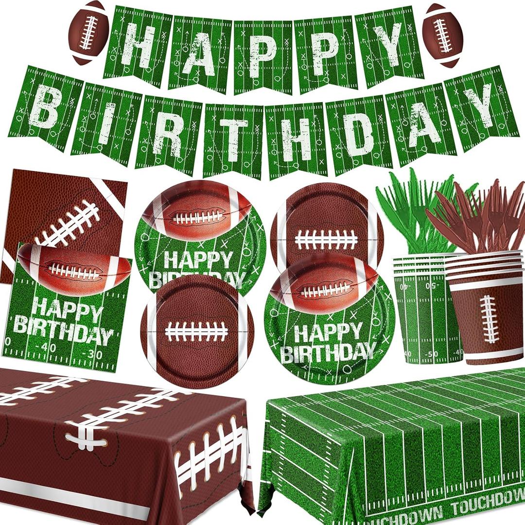Football Birthday Party Decorations Football Plates Napkins Tablecloth Banner Football Party Supplies Tableware Set for Football Game Day Tailgate Party Decorations, Serve 25