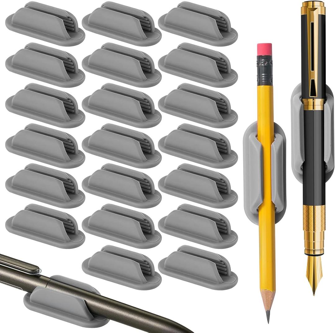 20 PCS Adhesive Pencil Holders for Desk, Silicone Pencil Holder for Notebook, Marker Holder for Clipboard and Wall, Classroom School Office Desk Accessories, Teacher Supplies (Grey)