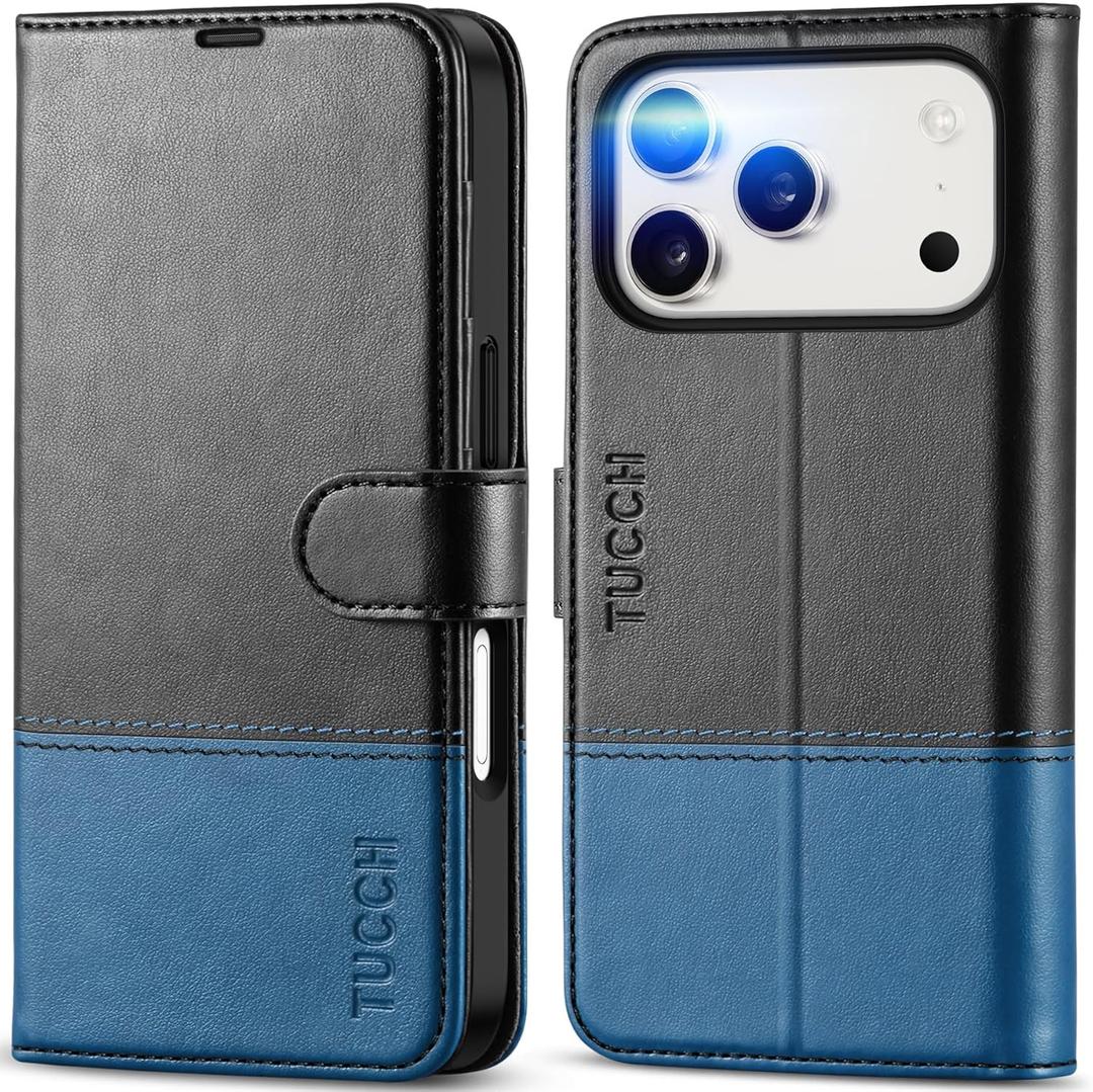 TUCCH Wallet Case for iPhone 17 Pro (6.3") 2025, RFID Blocking 4 Card Slots | Kickstand | Magnetic Closure | PU Leather | Shockproof TPU Shell | Protective Flip Cover | Black & Light Blue