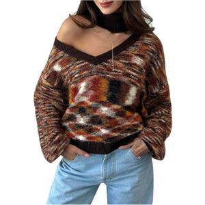 MakeMeChic Women's High Neck Striped Sweater Cut Out Long Sleeve Winter Retro Asymmetrical Knit Top (S)