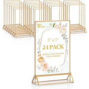 EHWINE 24 Pack Acrylic Sign Holder 5 x 7, Double Sided Gold Picture Frame Stand up Table Top Sign Holders, Clear Display Stand Menu Flyer Holder for Wedding Party