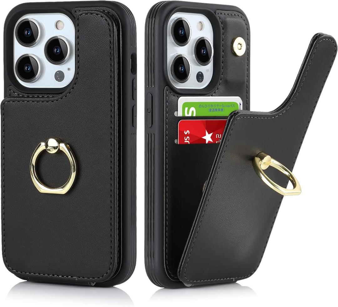 for iPhone 13 Pro Case with Card Holder,Credit Card Holder,Ring Stand Kickstand,Flip Shockproof Phone Wallet Case for Women Men (6.1 inch,Black)