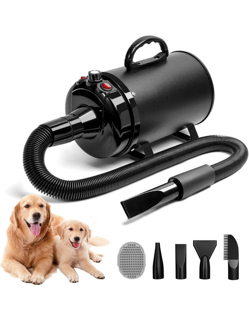 Dog Hair Dryer,5.2HP/ 3800W High Velocity Blow Dryer for Dogs Pet Grooming,Low Noise Speed Temperature Adjustable Pet Grooming Dryer with 4 Nozzles,Black