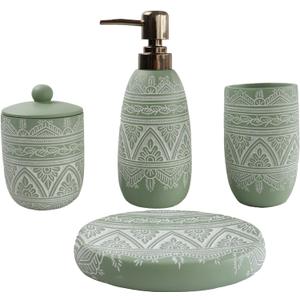 Hymmah Green Bathroom Accessories Set,Farmhouse Bathroom Decor,4 Pcs Resin Gift Set Apartment Necessities, Contain Cotton Swab Jar,Soap Dispenser,TumblerSoap Dish/Tray