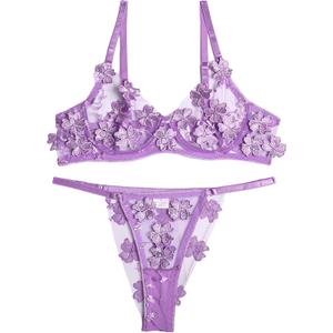 Lilosy Sexy Applique Floral Mesh Sheer Underwire Lingerie Set 2 Piece (Medium, Lavender Purple)