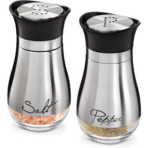 Stainless Steel Salt and Pepper Shaker Set with Glass Bottom, Perforated "S" and "P" Caps - Modern Kitchen Counter Decor (4oz)