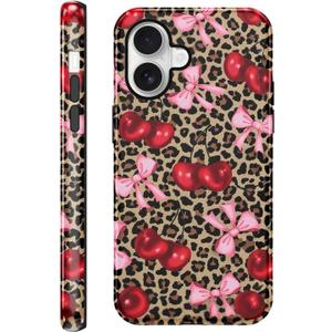 Case Compatible with for iPhone 17 6.3'', Cute Cherry Pink Bow Vintage Leopard Pattern Phone Case, Aesthetic Scratch Resistant Cover Shockproof 2 in 1 Silicone + Hard PC Design for Girls Women Men
