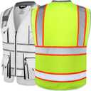 JKSafety 10 Pockets Class 2 Hi-Vis Zipper Front Yellow Safety Vest | Cushioned Collar | High Reflective Tapes with Extended Neon Orange Strips | Meets ANSI/ISEA Standards (X-Large, 89-Yellow)