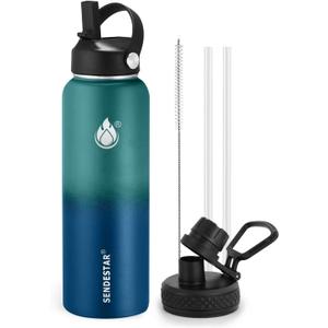 Insulated Water Bottle 32 oz with Straw, Stainless Steel Wide Mouth Water Bottle, Double Wall Vacuum Leak Proof with Straw Lid & Spout Lid for Sports or Office, Keep Cold or Hot Up to 24 Hrs (Green & Blue)