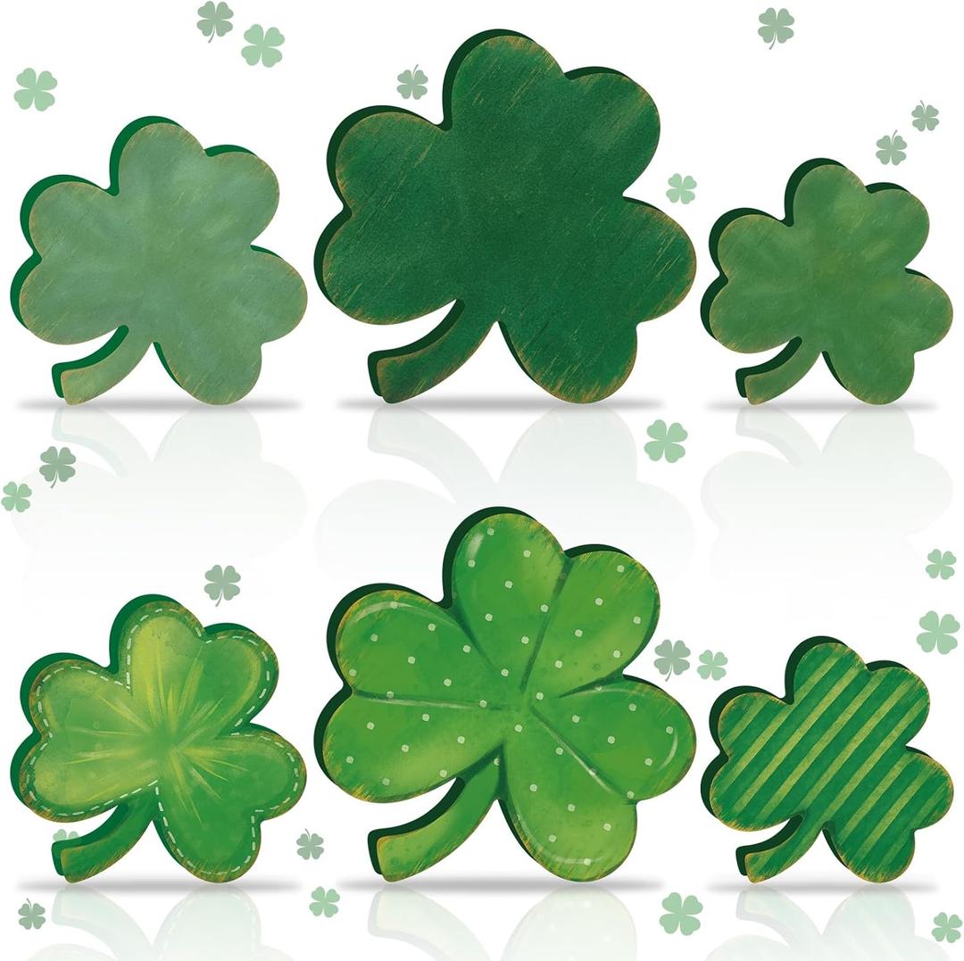 Wenqik 6 Pcs St. Patrick's Day Wooden Signs Clover Shamrock Wooden Table Centerpiece Decoration Green Farmhouse Wood St Patricks Day Tiered Tray Decor for Holiday Fireplace Home (Cute)