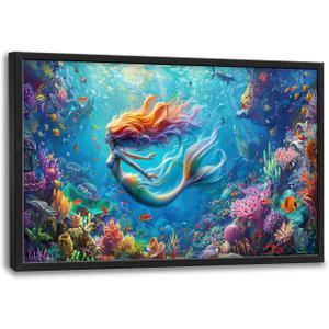 Quorin Mermaid Large Wall Art Sea Ocean Mermaid Pictures Colorful Undersea Wall Decor Canvas Print Painting Artwork for Bathroom Living Room Bedroom 36L x 24W