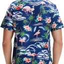 SSLR Pack Hawaiian Shirt for Men Flamingo Short Sleeve Casual Button Down Shirts Summer Beach Shirt (Blue, XXL)