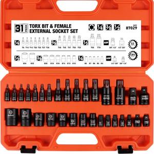 HORUSDY 31Pcs Torx Bit Socket Set,14 Star Bits (T8-T70) and 12 Female E-Torx Sockets (E4-E24), 4 Impact Socket Adapter Set with High Torque Laser Marked for Automotive Mechanic