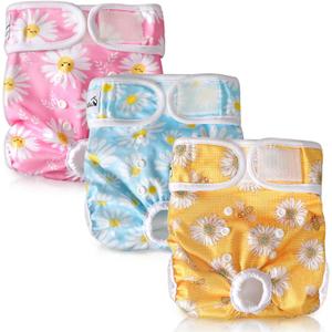 SlowTon Washable Dog Diapers Female - 3 Pack No Leak Reusable Doggie Puppy Diaper with Adjustable Buttons, Comfortable Female Dog Diapers for Heat Cycle Period Small Medium Large Dogs (XS) (X-SmallNewborn-9''Waist), A.Daisy)