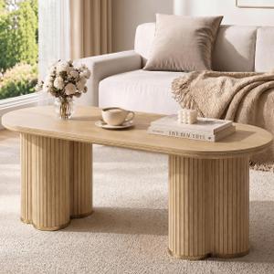 YOSHOOT Oval Fluted Coffee Tables for Living Room, 47" Wood Coffee Table,Oak