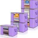 90L Clothes Blanket Storage Bags, 6 Pack Under Bed Storage Bins with Lids, Foldable Closet Organizer with Reinforced Handles for Clothing, Blanket, Comforters, Bed Sheets, Pillows and Toys, Purple