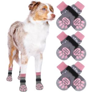 EXPAWLORER 6PCS Anti-Slip Dog Socks to Prevent Licking Paws,Dog Shoes for Hot Pavement,Best Paw Protector Traction Control on Hardwood Floor,Dog Booties for Puppy Small Medium Large Senior Dogs (Pink and Grey)