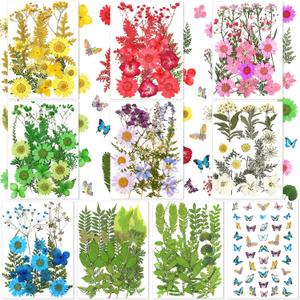Nuanchu 223 Pcs Real Dried Pressed Flowers for Crafts Natural Dried Leaves and Butterfly Stickers Set Colorful Daisy Flowers and Adhesive Butterfly Decals for DIY Resin Jewelry Nail Crafts Floral Art