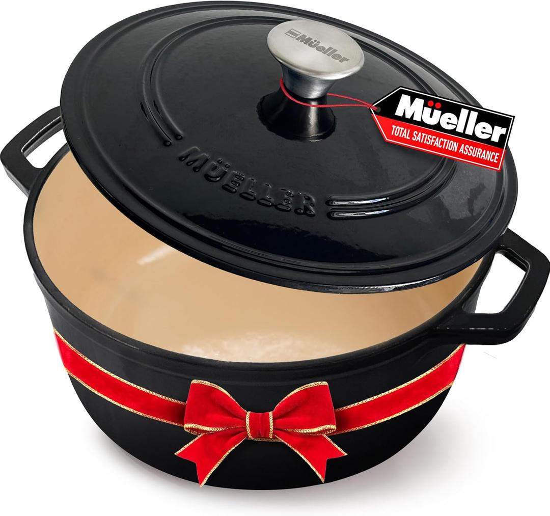 MUELLER HOME 6 Quart Enameled Cast Iron Pot Dutch Oven, Heavy-Duty Oven-Safe up to 500 F, & Across All Cooktops, Casserole Dishes for Ovens, Bread Pan with Lid and Knob, Cast Iron Cookware, Black