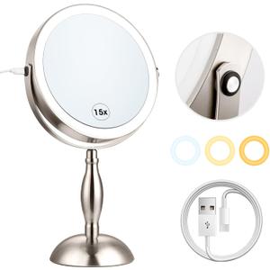 Lighted Makeup Mirror with Magnification, 15x Nickel Lights Makeup Mirror with 3 Colors, 360Rotation Touch Screen & Rechargeable Double Sided, Brightness Adjustable, Type-C Charging Cable