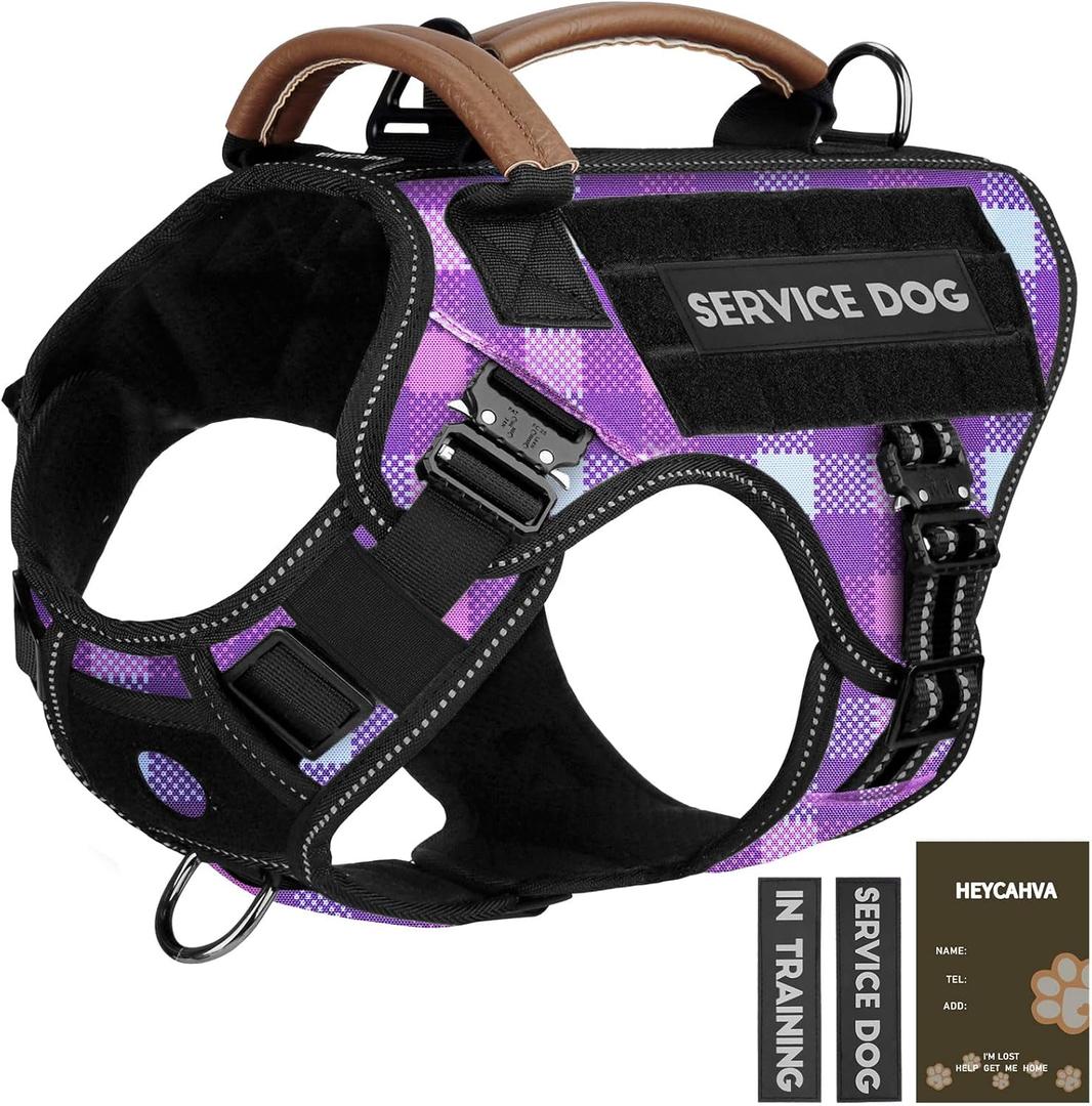 Tactical Dog Harness - HEYCAHVA Service Dog Vest Full Metal Buckles Dog Vest for Medium Large Dog Reflective No Pull Dog Harnesses Vest with Leather Handle, Hook & Loop for Hiking Training (Purple, L)