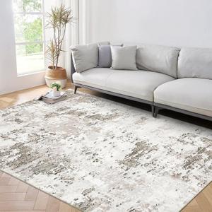 4x6 Modern Abstract Area Rug, Taupe/Beige, Polyester, Machine Washable, Non Slip, Low Pile, Indoor, Area Rug