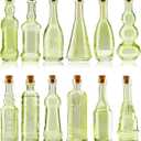 BULK PARADISE Small Mini Green Vintage Glass Bottles with Corks, Mini Vases, Decorative, Potion, Assorted Design Set of 12 pcs, 4.6 Inch Tall (11.43cm), 1.4 Inch Wide (3.56cm)