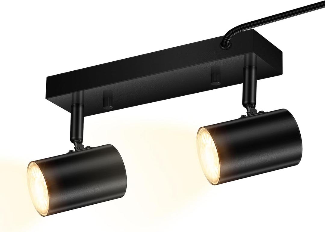 2 Light Track Lighting Kit,Black 2 Way Modern Plug in Ceiling Spotlight,Industrial LED Wall Light for Kitchen Cabinet Gallery Bar Hallway Living Room,Rocker Switch,15 Foot Cord(No Bulb)