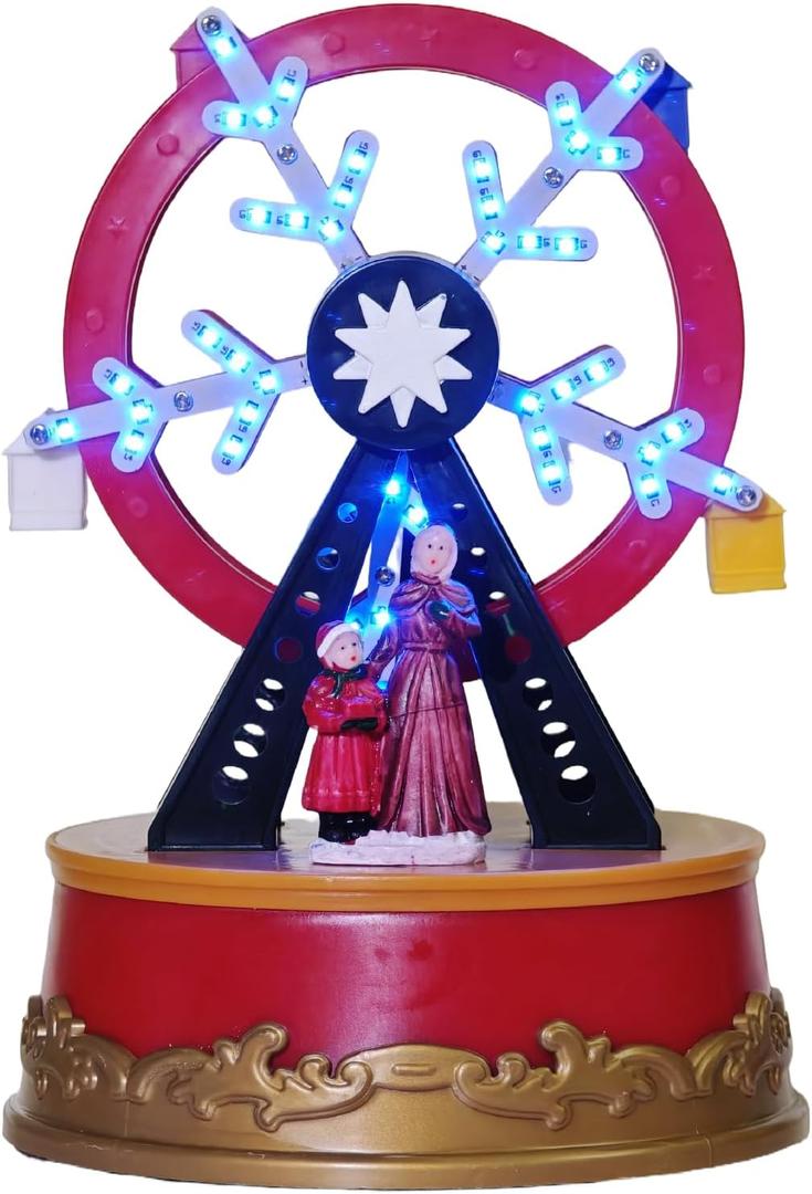 MerryPulse Christmas Village Ferris Wheel, 8 Songs & LED Light Snow Village Collectible Buildings for Home Indoor Decorations, Festive Gift (Multicolor)