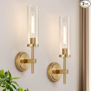 MOKATNG Wall Sconces Set of Two, Brushed Gold Bathroom Sconces with Clear Glass, Hardwired Sconces Wall Decor Set of 2, Modern Wall Light Fixtures for Bathroom Mirror Living Room Bedroom Hallway