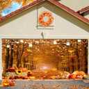 Leowefowa Fall Garage Door Decorations Banner Fall Maple Forest Light Strings Hay Pumpkins Garage Door Cover Decorations for Thanksgiving Party Decor Indoor Outdoor Door 6x13ft