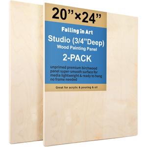 Falling in Art Unfinished Birch Wood Panels Kit for Painting, Wooden Canvas 2 Pack of 20x24 Studio 3/4 Deep, Cradle Boards for Pouring, Art, Crafts, Burning and More
