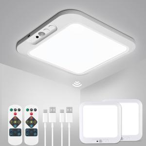 wowatt 2Pcs Rechargeable Battery Operated Ceiling Light, Motion Sensor Light Indoor Wireless Shower Lamp with Remote 3000K 4500K 6500K Dimmable Timing for Closet, Shower, Hallway, Patio (3CCT-Square)