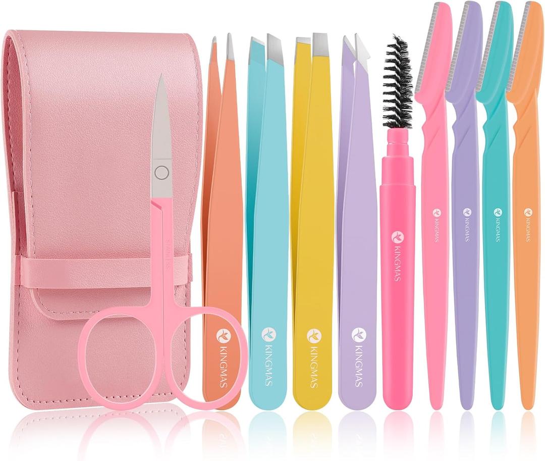 KINGMAS 10Pcs Tweezers Set for Women Facial Hair, Precision Tweezer for Eyebrows with Curved Scissor and Eyebrow Razor for Ingrown Hair with Case