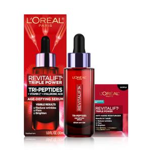L'Oreal Paris Revitalift Triple Power Face Serum with Tri-Peptides, Hyaluronic Acid and Vitamin C, Anti Aging, Anti Wrinkle Serum to Firm and Brighten, 1 FL oz, + Sample